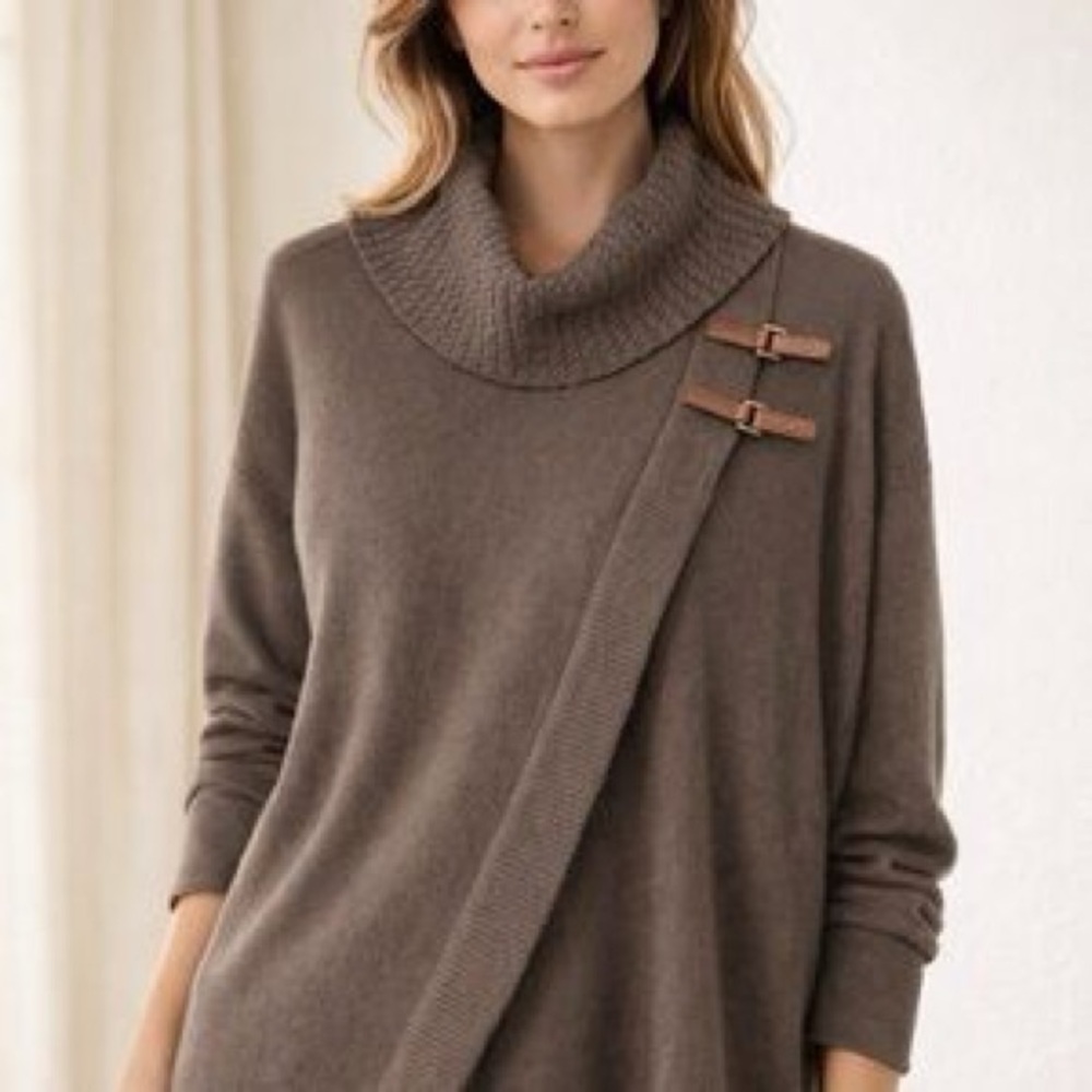 Ellen Tracy Equestrian Merino Wool Cowl Neck Wrap Sweater‎ Leather Buckle Detail